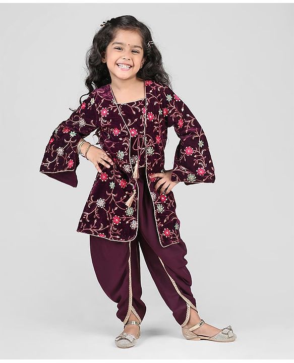 Babyhug Woven Velvet Floral Embroidered Top With Dhoti & Three Fourth Sleeves Jacket Set - Wine
