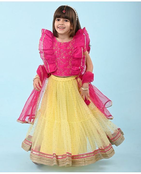 Babyhug Woven  Frill Sleeves Net Sequinned Floral Embroidered  Choli Lehenga & Dupatta Set - Yellow