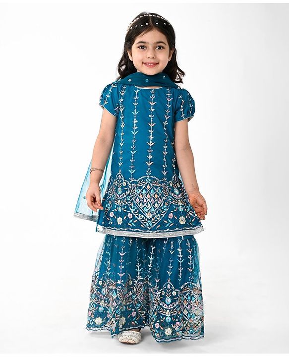 Babyhug Woven Short Sleeves Sequinned Floral Embroidered Kurti Gharara & Dupatta Set - Teal
