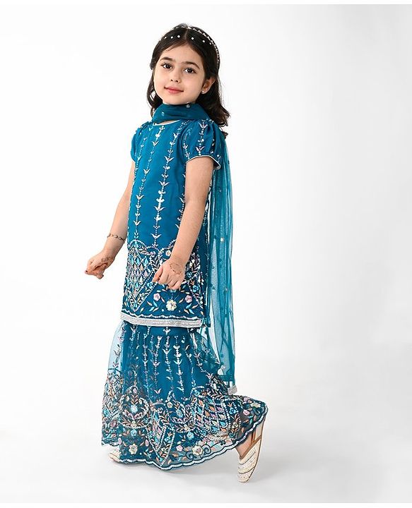 Babyhug Woven Short Sleeves Sequinned Floral Embroidered Kurti Gharara & Dupatta Set - Teal