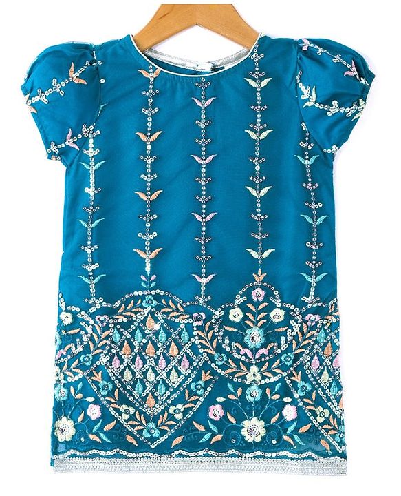 Babyhug Woven Short Sleeves Sequinned Floral Embroidered Kurti Gharara & Dupatta Set - Teal