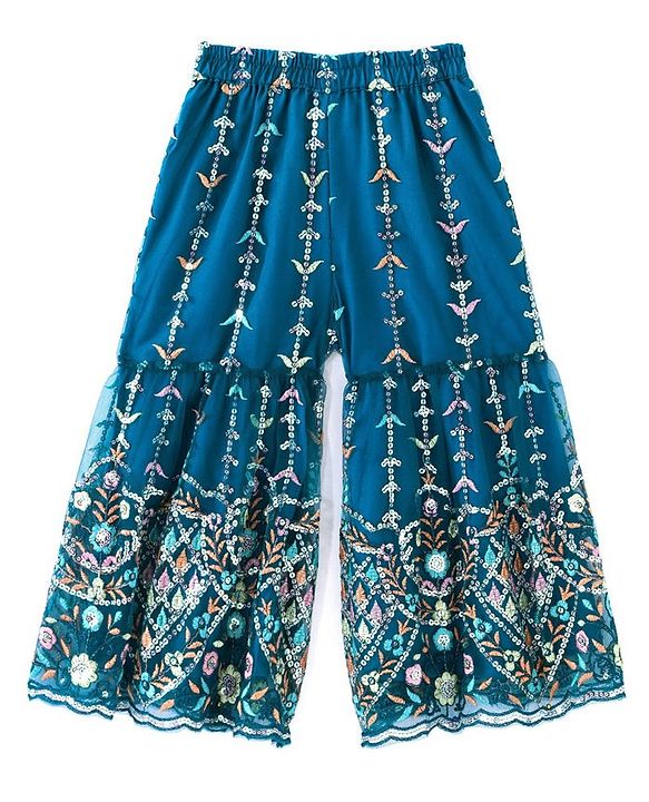Babyhug Woven Short Sleeves Sequinned Floral Embroidered Kurti Gharara & Dupatta Set - Teal
