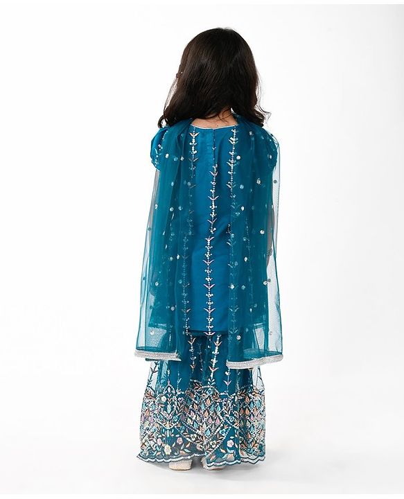 Babyhug Woven Short Sleeves Sequinned Floral Embroidered Kurti Gharara & Dupatta Set - Teal