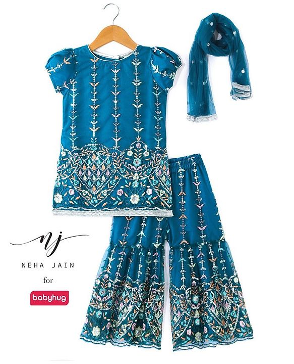 Babyhug Woven Short Sleeves Sequinned Floral Embroidered Kurti Gharara & Dupatta Set - Teal