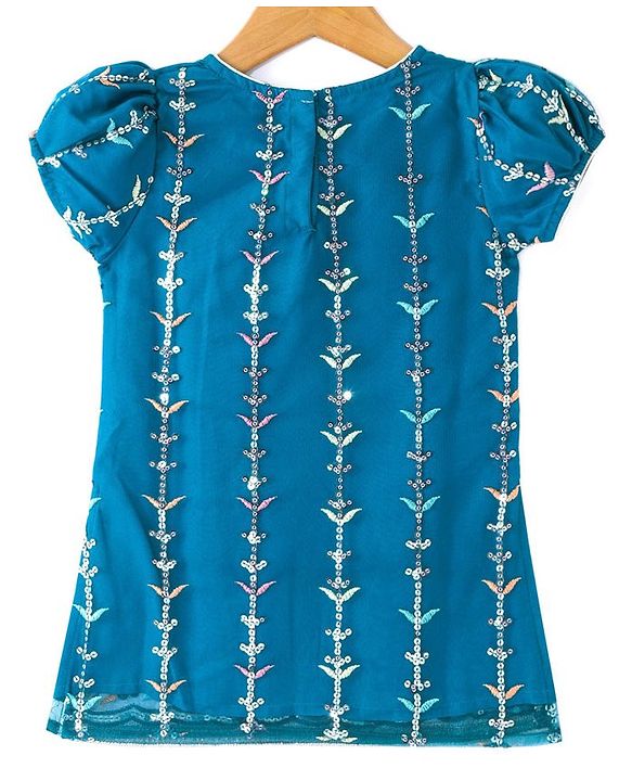 Babyhug Woven Short Sleeves Sequinned Floral Embroidered Kurti Gharara & Dupatta Set - Teal