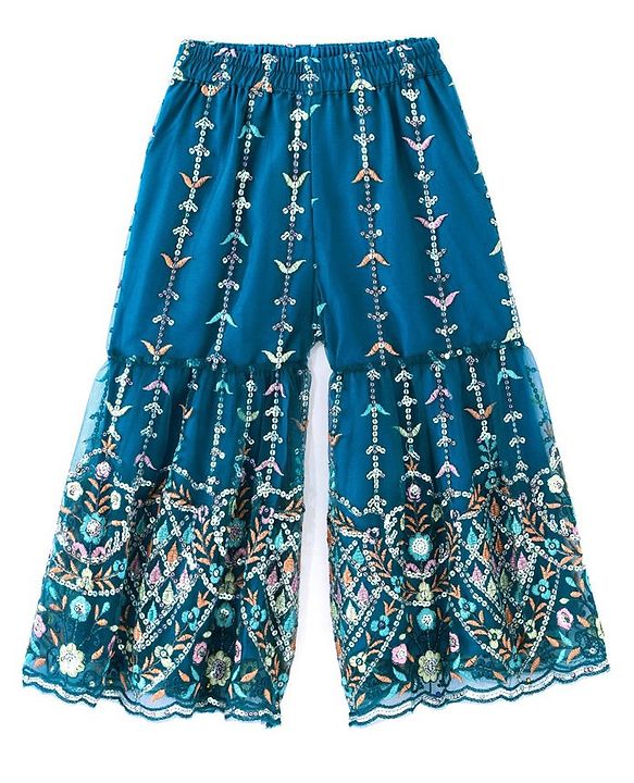 Babyhug Woven Short Sleeves Sequinned Floral Embroidered Kurti Gharara & Dupatta Set - Teal