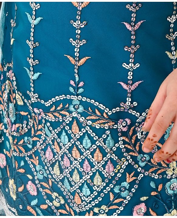 Babyhug Woven Short Sleeves Sequinned Floral Embroidered Kurti Gharara & Dupatta Set - Teal