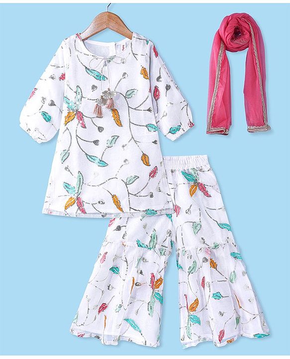 Babyhug Woven Three Fourth Sleeves Kurta & Gharara Set with Dupatta Sequin & Leaf Embroidery - White