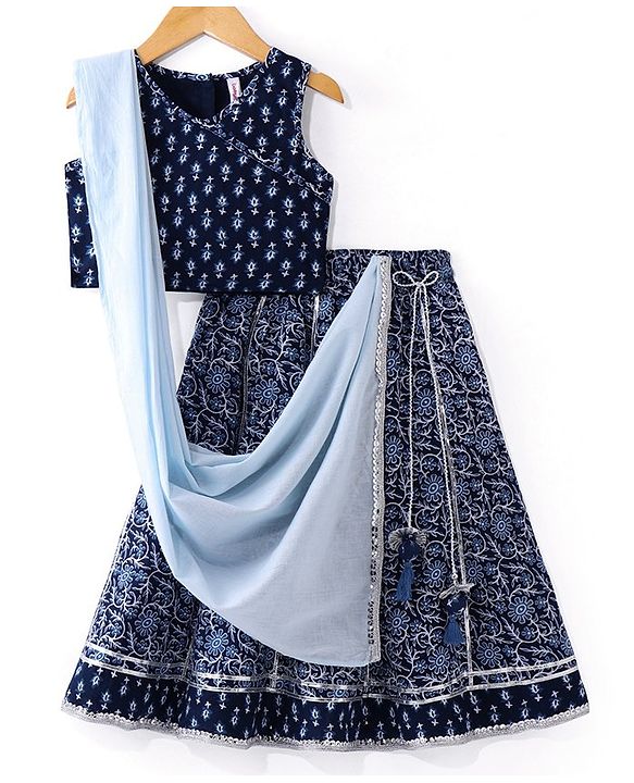 Babyhug Cambric Woven Sleeveless Choli Lehenga & Dupatta Set Floral Print with Tassle Detailing - Indigo