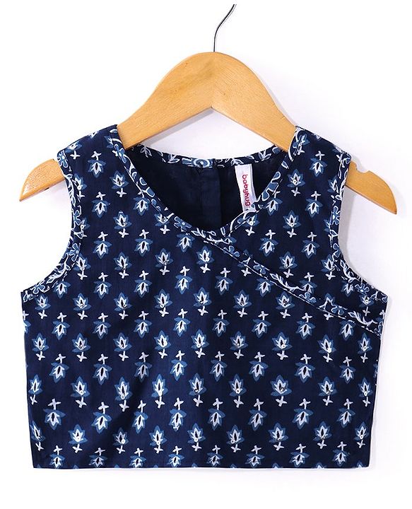 Babyhug Cambric Woven Sleeveless Choli Lehenga & Dupatta Set Floral Print with Tassle Detailing - Indigo
