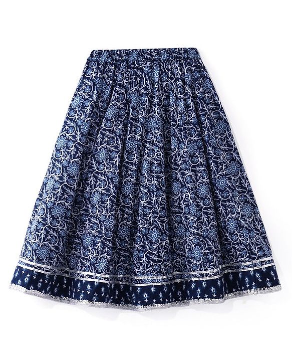 Babyhug Cambric Woven Sleeveless Choli Lehenga & Dupatta Set Floral Print with Tassle Detailing - Indigo