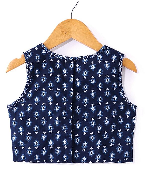Babyhug Cambric Woven Sleeveless Choli Lehenga & Dupatta Set Floral Print with Tassle Detailing - Indigo