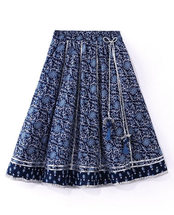 Babyhug Cambric Woven Sleeveless Choli Lehenga & Dupatta Set Floral Print with Tassle Detailing - Indigo