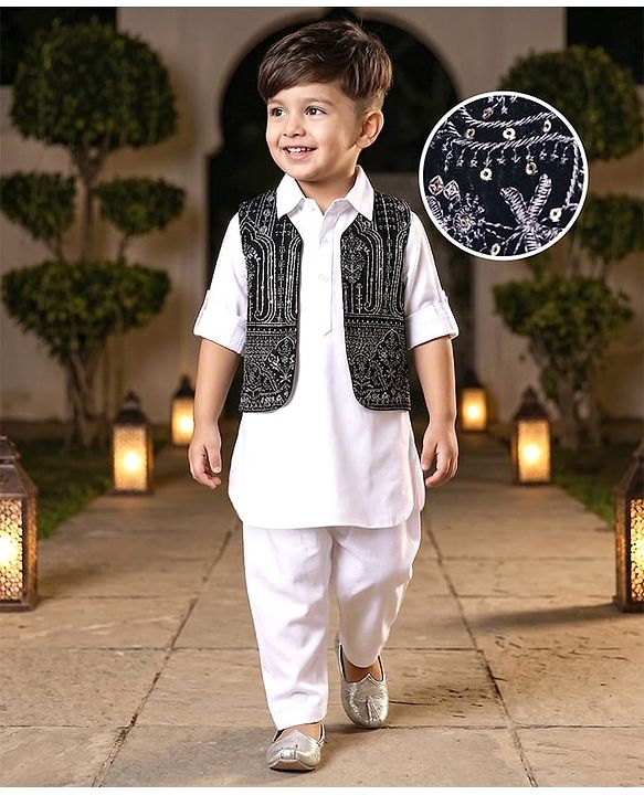 Babyhug Woven Full Sleeves Solid Kurta Pyjama Set with Sequin Embroidered Jacket - White