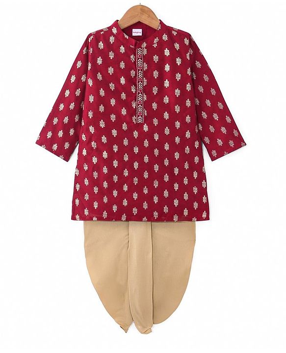 Babyhug Woven Full Sleeves Foil Printed Kurta Dhoti Set - Maroon