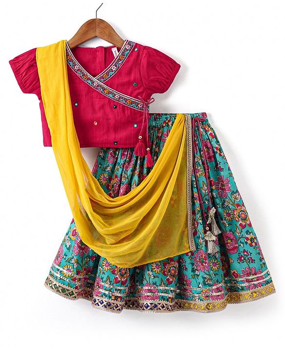 Babyhug Woven Half Sleeves Floral Printed & Embroidered Choli Lehenga Set with Dupatta - Fuschia & Green