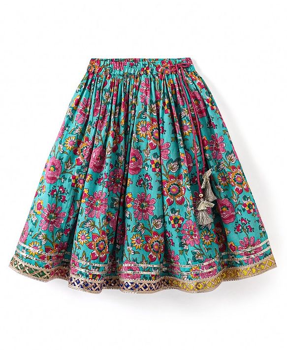 Babyhug Woven Half Sleeves Floral Printed & Embroidered Choli Lehenga Set with Dupatta - Fuschia & Green