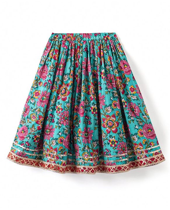Babyhug Woven Half Sleeves Floral Printed & Embroidered Choli Lehenga Set with Dupatta - Fuschia & Green