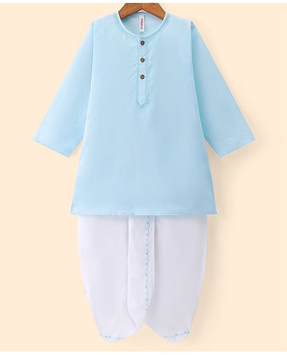Babyhug Cambric Woven Full Sleeves Embroidered Kurta & Dhoti Set- Sky Blue
