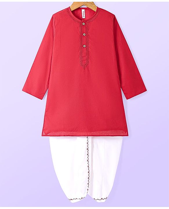 Babyhug Cambric Woven Full Sleeves Floral Embroidery Kurta & Dhoti Set - Red