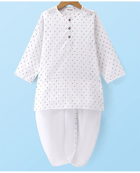 Babyhug Cambric Woven Full Sleeves Polka Dot Print Kurta & Dhoti Set- Off White