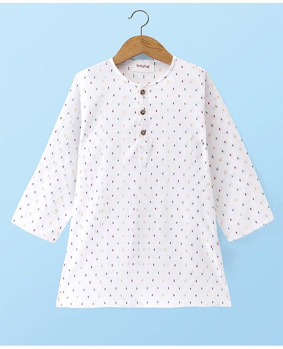 Babyhug Cambric Woven Full Sleeves Polka Dot Print Kurta & Dhoti Set- Off White