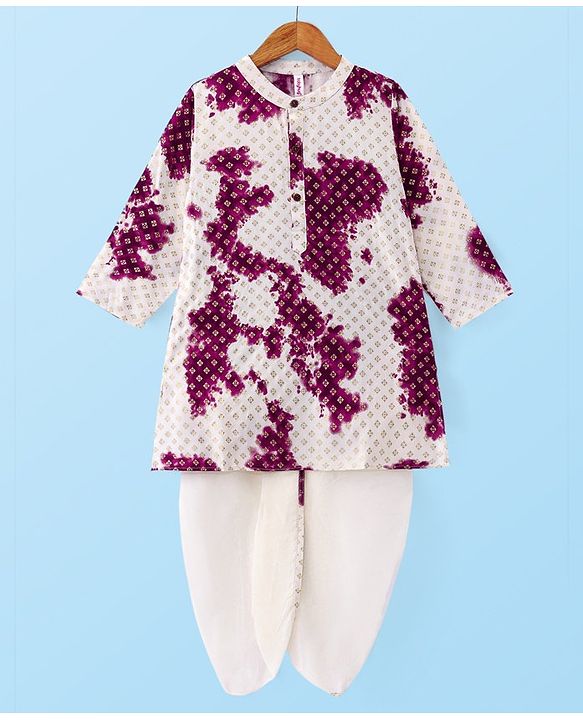 Babyhug Woven Cambric Full Sleeves Foil Printed With Tie & Dye  Kurta Dhoti Set - Purple
