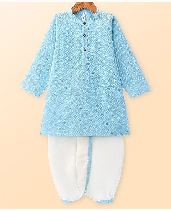 Babyhug Cambric Woven Full Sleeves Embroidered Kurta & Dhoti Set- Sky Blue