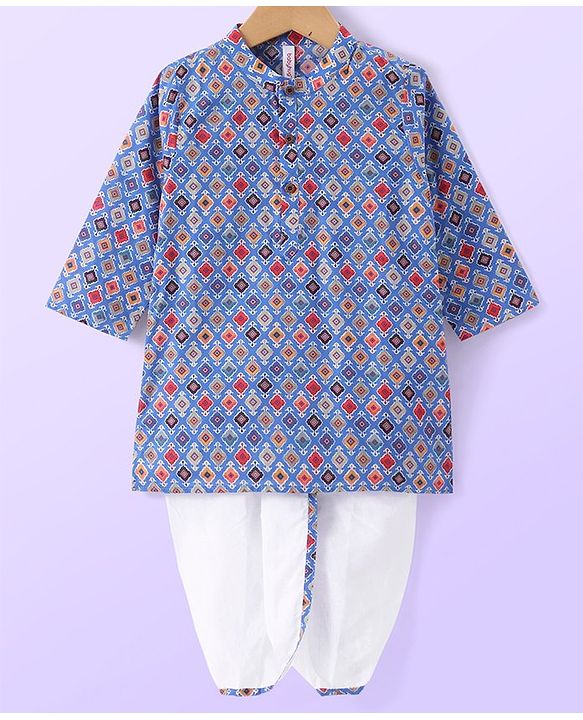 Babyhug Cambric Woven Full Sleeves Printed Dhoti Kurta Set - Blue