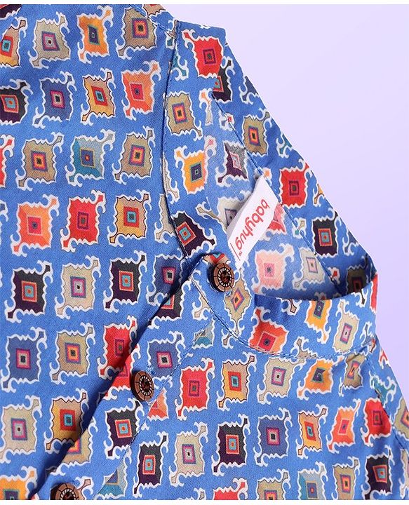 Babyhug Cambric Woven Full Sleeves Printed Dhoti Kurta Set - Blue