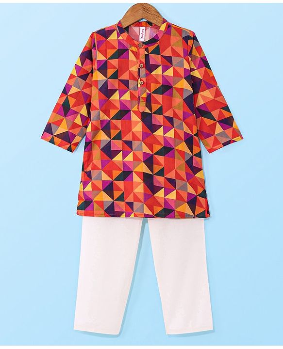 Babyhug Cambric Woven Full Sleeves Geometric Printed Kurta & Pyjama Set - Orange