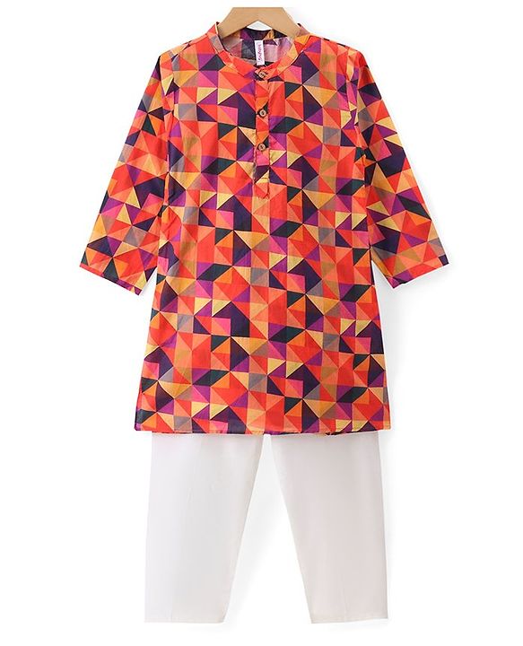 Babyhug Cambric Woven Full Sleeves Printed Kurta Pyjama Set - Orange
