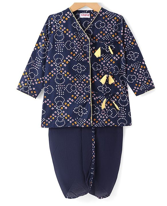Babyhug Cambric Woven Full Sleeves Bandhani Printed Angarkha Dhoti Set with Tassle Detailing - Navy Blue