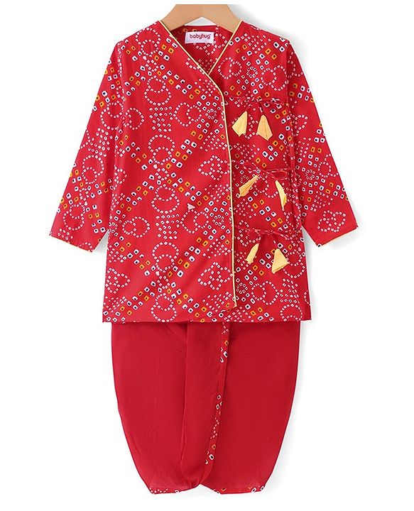 Babyhug Cambric Woven Full Sleeves Bandhani Printed Angarkha Dhoti Set with Tassle Detailing - Red