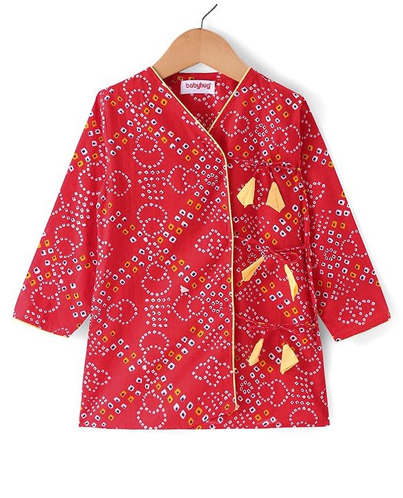 Babyhug Cambric Woven Full Sleeves Bandhani Printed Angarkha Dhoti Set with Tassle Detailing - Red