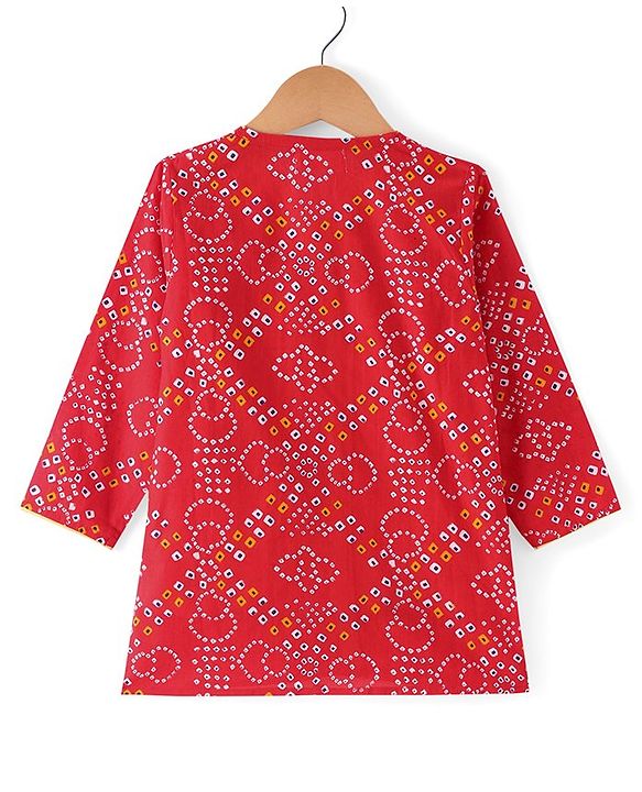 Babyhug Cambric Woven Full Sleeves Bandhani Printed Angarkha Dhoti Set with Tassle Detailing - Red