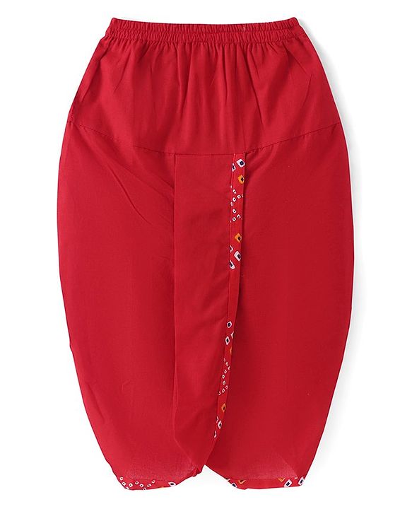 Babyhug Cambric Woven Full Sleeves Bandhani Printed Angarkha Dhoti Set with Tassle Detailing - Red