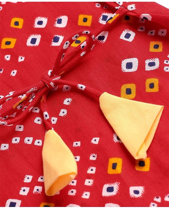 Babyhug Cambric Woven Full Sleeves Bandhani Printed Angarkha Dhoti Set with Tassle Detailing - Red