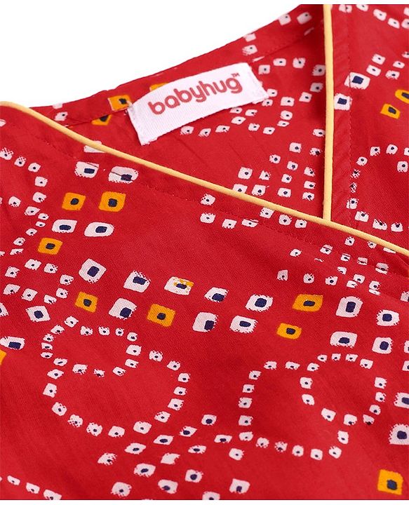 Babyhug Cambric Woven Full Sleeves Bandhani Printed Angarkha Dhoti Set with Tassle Detailing - Red