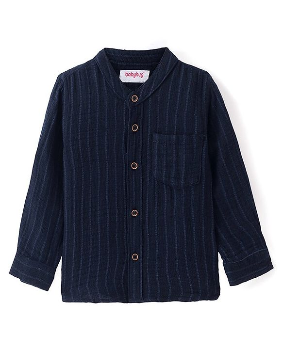 Babyhug Cotton Woven Full Sleeves Mandarin Collar Solid Colour Shirt - Navy Blue