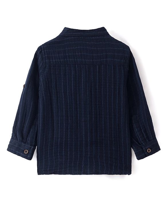 Babyhug Cotton Woven Full Sleeves Mandarin Collar Solid Colour Shirt - Navy Blue
