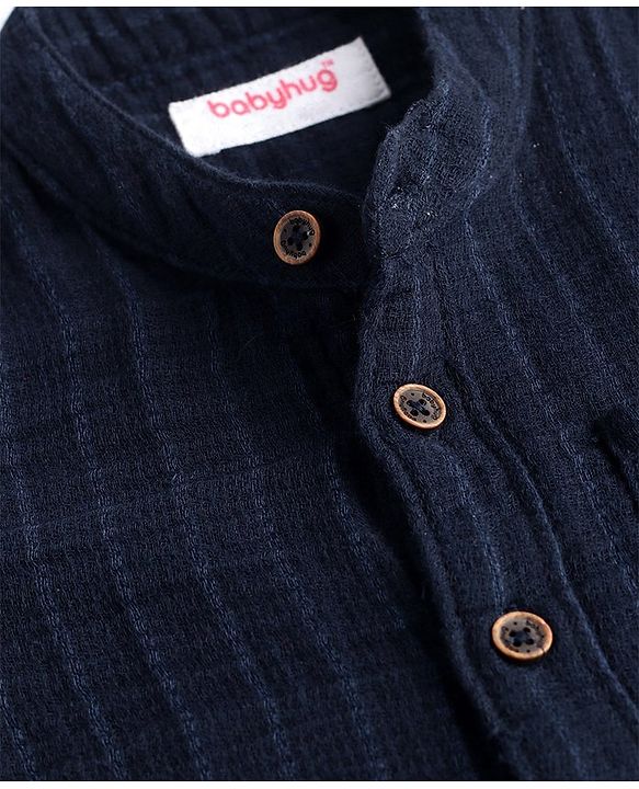 Babyhug Cotton Woven Full Sleeves Mandarin Collar Solid Colour Shirt - Navy Blue