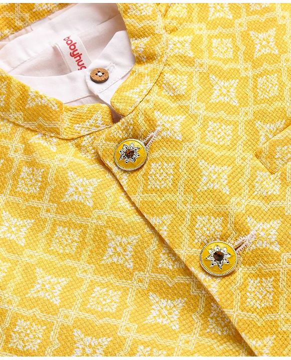 Babyhug Cambric Woven Solid Color Kurta Pyjama Set with Printed Jacket - Off White