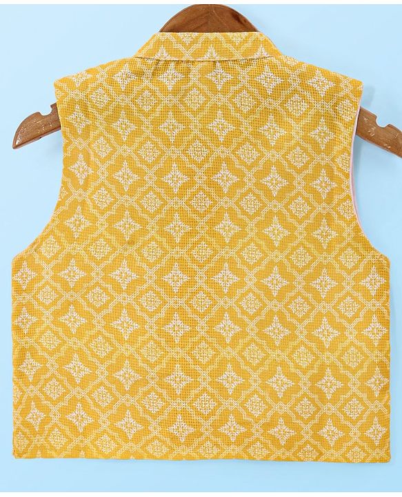Babyhug Cambric Woven Solid Color Kurta Pyjama Set with Printed Jacket - Off White