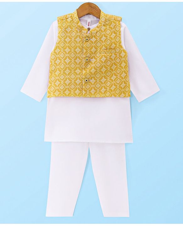 Babyhug Cambric Woven Solid Color Kurta Pyjama Set with Printed Jacket - Off White