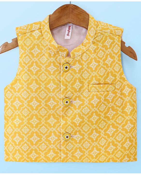 Babyhug Cambric Woven Solid Color Kurta Pyjama Set with Printed Jacket - Off White