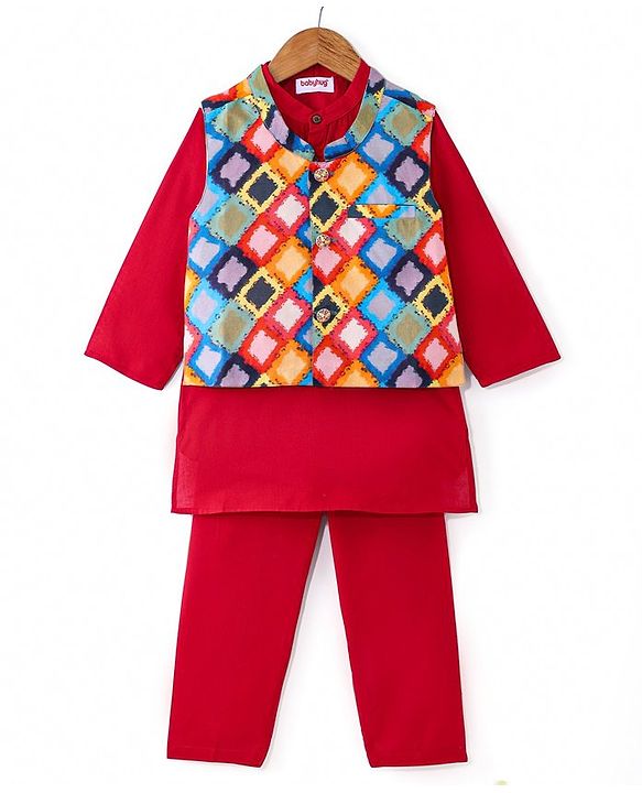 Babyhug Cambric Woven Full Sleeves Solid Colour Kurta Pyjama Set with Printed Jacket -  Maroon