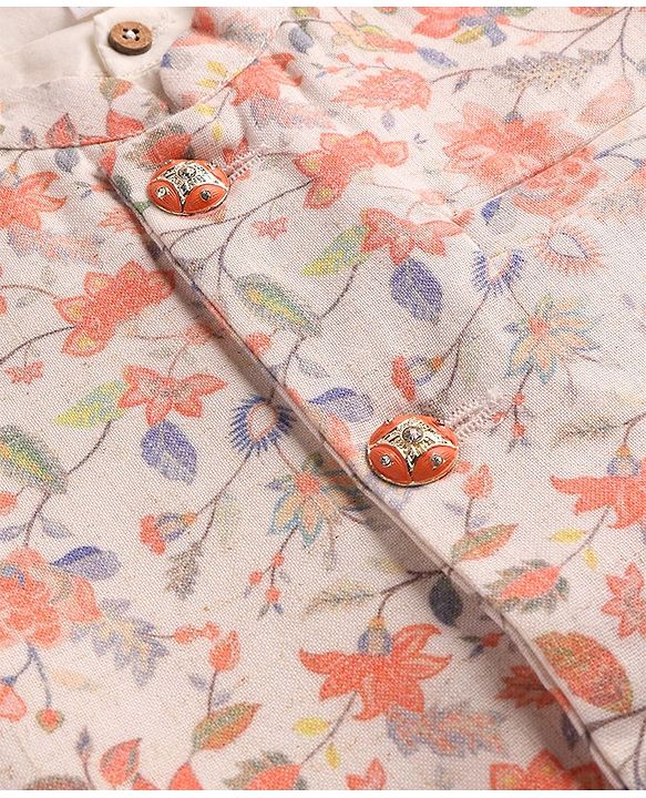 Babyhug Cambric Cotton Woven Full Sleeves Solid Kurta with Pyjama Pants & Floral Printed Jacket - White