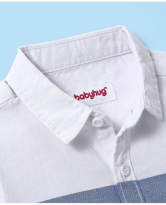 Babyhug Cotton Woven Half Sleeves Shirt with Colour Block Design - White & Blue