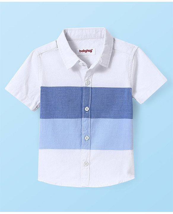Babyhug Cotton Woven Half Sleeves Shirt with Colour Block Design - White & Blue
